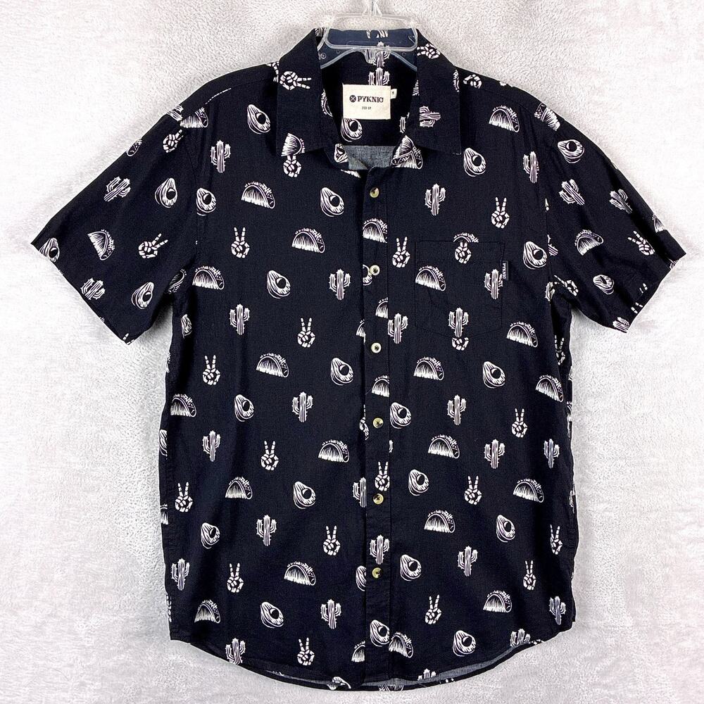 Pyknic Camp Shirt Mens M Black White Taco Avocado AOP Southwestern Indie Hipster